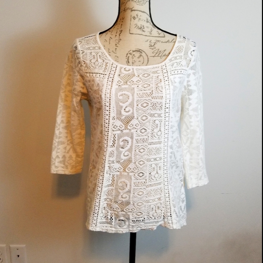 Lucky Brand White Lace Front Mid Sleeve Shirt